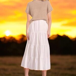 Elan Knit Tan Khaki Beige Crewneck Sweater White Tiered Skirt Combo Unique